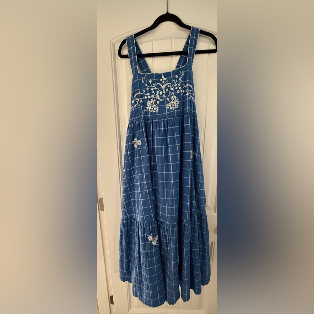 Madewell Blue Checkered Midi Dress with White Floral Embroidery
